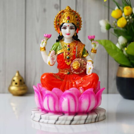 Hindu Goddess Lakshmiji Statue Sitting on Lotus Flower (10.5 Inch)