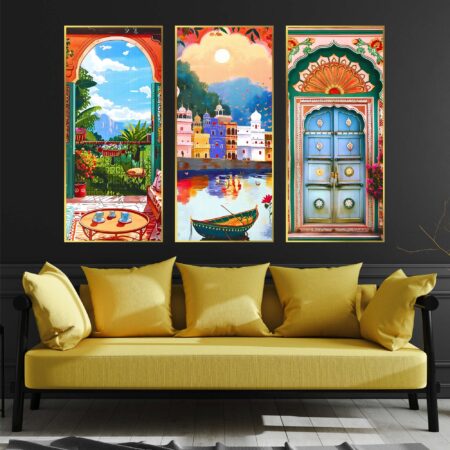 Set of Three Large Golden Framed Wall Paintings (19×10 inch)