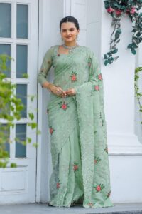 Women's Elegant Sage Green Georgette Saree with Delicate Floral Embroidery & Sequin Work – Perfect for Summer Festivities & Day Events