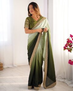 Women's Elegant Ombre Olive Green Georgette Saree with Intricate Golden Zari & Stone Embellishments – Complete with Heavily Worked Blouse for Festive & Wedding Wear