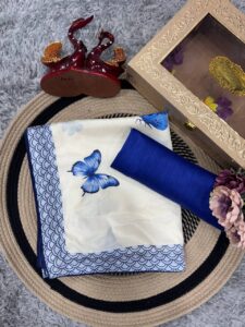 Women's Chic Snow White Georgette Saree with Vibrant Blue Butterfly Digital Print & Contrasting Border – Perfect for Casual Outings & Day Events