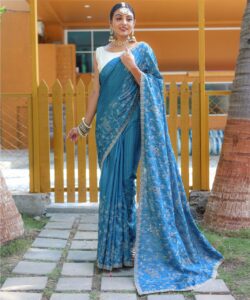 Women's Royal Prussian Blue Georgette Saree with Intricate Silver Thread & Mirror Work Embroidery – Perfect for Festive & Wedding Celebrations