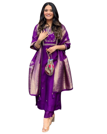 Comfort Meets Elegance Women's And Girl's Wear Purple Roman Silk A-Line Kurta, Pant and Dupatta Set