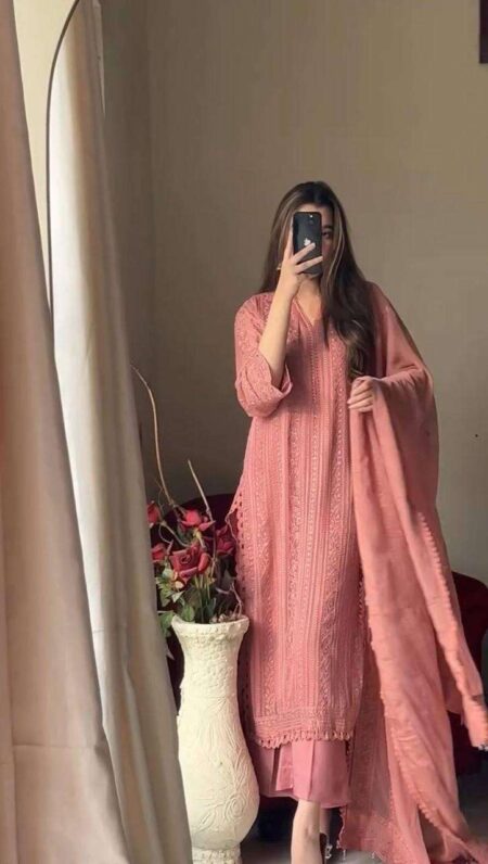 Women's Chinon Silk with Cotton Thread Embroidery Straight Kurti With Pant and Dupatta set