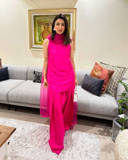 Women's Fendi Silk Solid Semi Stitched Sleeveless Kurti With Pant and Dupatta set